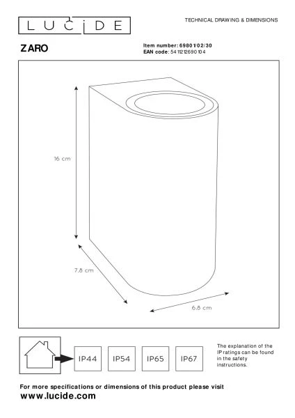 Lucide ZARO - Foco de pared / Lámpara de pared Dentro/Fuera - 2xGU10 - IP44 - Negro - técnico